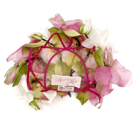Vintage 1950s Modern Miss Pink White Floral Half Hat Headpiece Union Made USA main image 9